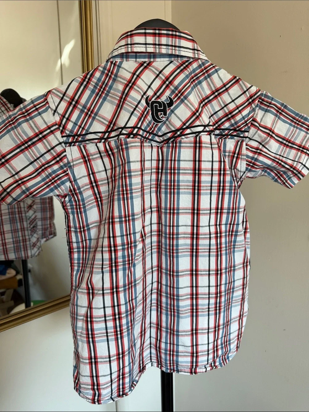 Button-Front Kids Plaid Shirt in Red, Blue & White
